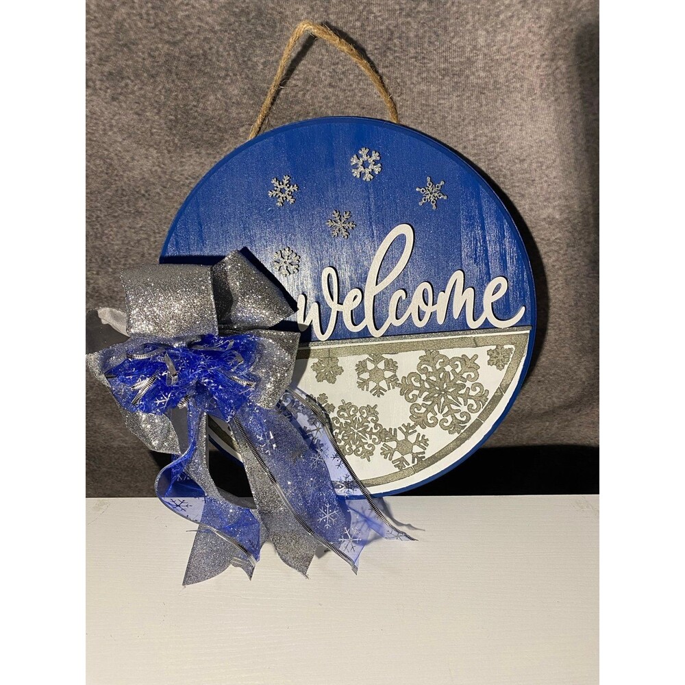 12" Winter Welcome Sign Wood Round Door Hanger Blue Silver Bow Snowflakes